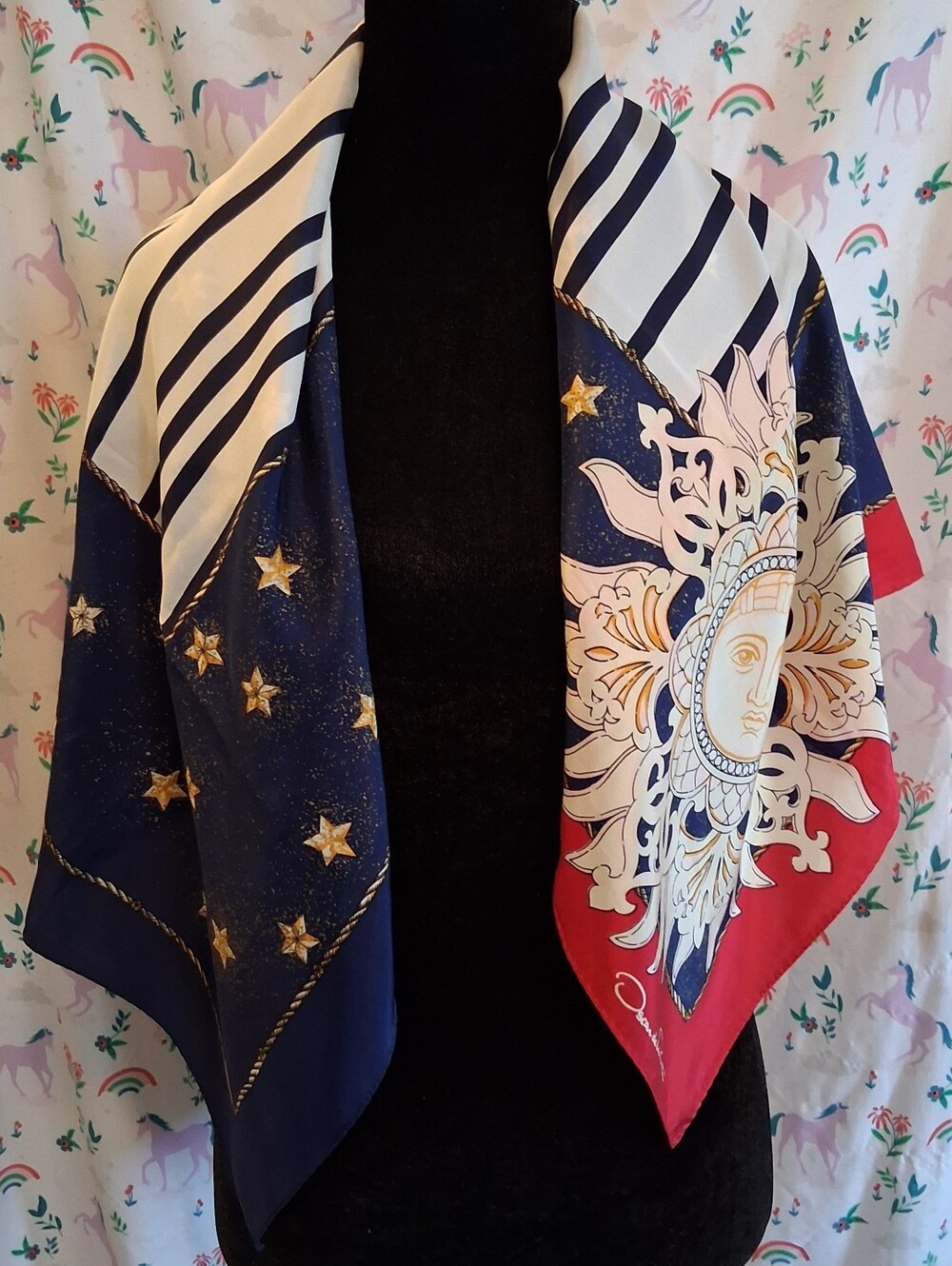 NWOT Vintage 90s Oscar De La Renta Blue & Red Silk Celestial XL Square Wrap